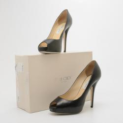 Pre Owned Jimmy Choo Black Leather Comet Peep Toe Pumps Size 38.5