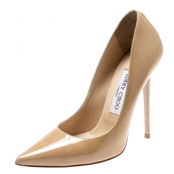 Pre Owned حذاء كعب عالي جيمي تشو آنوك جلد لامع بيج مقاس 36