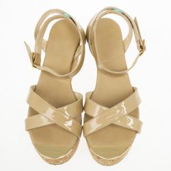 مملوكة مسبقًا Jimmy Choo Nude Patent Panther Ankle Strap Cork Wedges Size 39