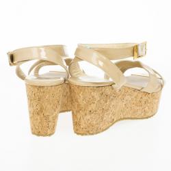 مملوكة مسبقًا Jimmy Choo Nude Patent Panther Ankle Strap Cork Wedges Size 39