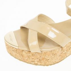 مملوكة مسبقًا Jimmy Choo Nude Patent Panther Ankle Strap Cork Wedges Size 39