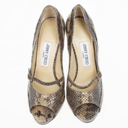 مملوكة مسبقًا Jimmy Choo Snake Embossed Mary Jane Peep Toe Pumps Size 37.5