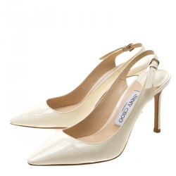 مملوكة مسبقًا Jimmy Choo White Patent Leather Slingback Pointed Toe Sandals Size 37
