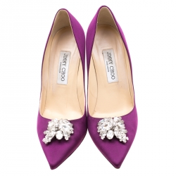 Pre Owned Jimmy Choo Exclusive Collection Deep Purple Satin Manda Crystal Embellished Pointed Toe Pumps Size 39