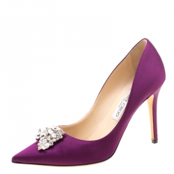 Pre Owned Jimmy Choo Exclusive Collection Deep Purple Satin Manda Crystal Embellished Pointed Toe Pumps Size 39