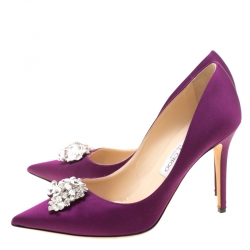 Pre Owned Jimmy Choo Exclusive Collection Deep Purple Satin Manda Crystal Embellished Pointed Toe Pumps Size 39