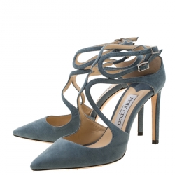 Jimmy Choo Grey Suede Cross Ankle Strap Pointed Toe Sandals Size 36.5