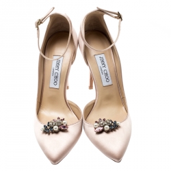 مملوكة مسبقًا حذاء كعب عالي جيمي تشو دورسي روزا جلد بيج بحزام للكاحل مقدمة مدببة مقاس 39