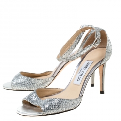 Pre Owned Jimmy Choo Silver Glitter Leather Misty Ankle Strap Sandals Size 36