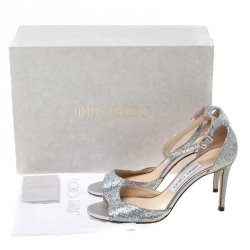 Pre Owned Jimmy Choo Silver Glitter Leather Misty Ankle Strap Sandals Size 36