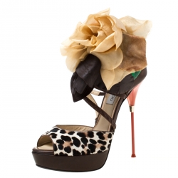 Pre Owned Jimmy Choo Two Tone Leopard Print Calf Hair And Leather Mira Flower Detail Ankle Strap Platform Sandals Size 40