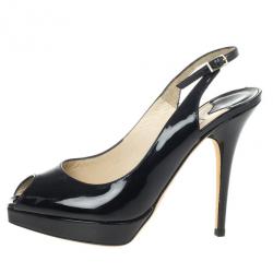 Pre Owned Jimmy Choo Black Patent Clue Peep Toe Slingback Sandals Size 38