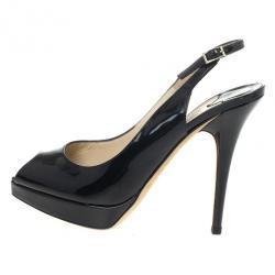 Pre Owned Jimmy Choo Black Patent Clue Peep Toe Slingback Sandals Size 38