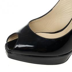 Pre Owned Jimmy Choo Black Patent Clue Peep Toe Slingback Sandals Size 38