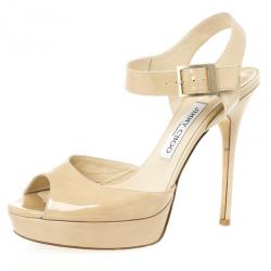 Pre Owned Jimmy Choo Nude Patent Linda Ankle Strap Sandals Size 39