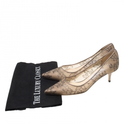 Pre Owned Jimmy Choo Metallic Bronze Lace Romy Pointed Toe Pumps Size 37