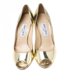 مملوكة مسبقًا حذاء كعب عالي جيمي تشو مقدمة مفتوحة إيفليان جلد ذهبي ميتالك 39