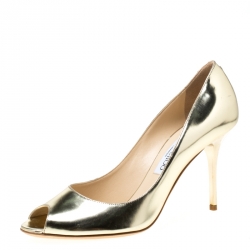 مملوكة مسبقًا حذاء كعب عالي جيمي تشو مقدمة مفتوحة إيفليان جلد ذهبي ميتالك 39