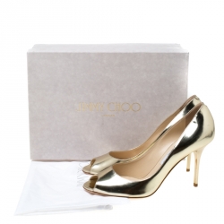 مملوكة مسبقًا حذاء كعب عالي جيمي تشو مقدمة مفتوحة إيفليان جلد ذهبي ميتالك 39