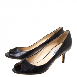 Pre Owned Jimmy Choo Black Leather Isabel Peep Toe Pumps Size 37.5