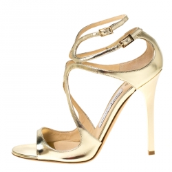 Pre Owned Jimmy Choo Gold Leather Liquid Mirror Strappy Sandals Size 37