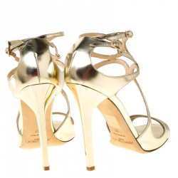 Pre Owned Jimmy Choo Gold Leather Liquid Mirror Strappy Sandals Size 37