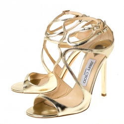 Pre Owned Jimmy Choo Gold Leather Liquid Mirror Strappy Sandals Size 37