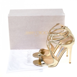 Pre Owned Jimmy Choo Gold Leather Liquid Mirror Strappy Sandals Size 37