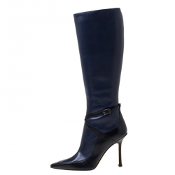 Pre Owned Jimmy Choo Navy Bue/Black Leather Zipped Knee Length Boots Size 37