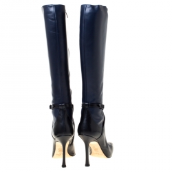 Pre Owned Jimmy Choo Navy Bue/Black Leather Zipped Knee Length Boots Size 37