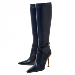 Pre Owned Jimmy Choo Navy Bue/Black Leather Zipped Knee Length Boots Size 37