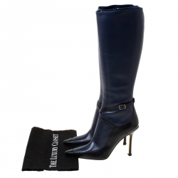 Pre Owned Jimmy Choo Navy Bue/Black Leather Zipped Knee Length Boots Size 37