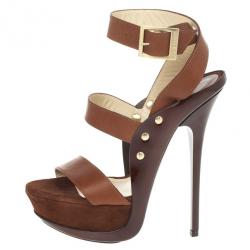 Pre Owned Jimmy Choo Brown Leather And Suede 'Halley' Platform Sandals Size 36
