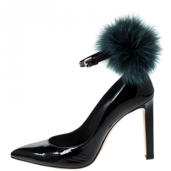 Pre Owned Jimmy Choo Black Patent Leather South Pom Pom Pointed Toe Pumps Size 37.5