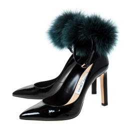 Pre Owned Jimmy Choo Black Patent Leather South Pom Pom Pointed Toe Pumps Size 37.5
