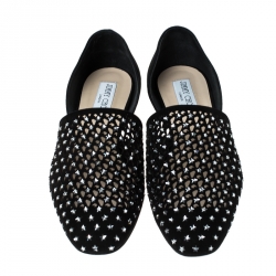 Pre Owned Jimmy Choo Black Laser Cut Suede Star Embellished Globe Flats Size 38.5