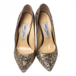 Pre Owned حذاء كعب عالي جيمي تشو رومي مقدمة مدببة غليتر ذهبي ميتاليك مقاس 38