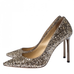 Pre Owned حذاء كعب عالي جيمي تشو رومي مقدمة مدببة غليتر ذهبي ميتاليك مقاس 38