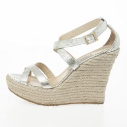 Pre Owned Jimmy Choo Silver Glitter Porto Espadrilles Wedge Sandals Size 40
