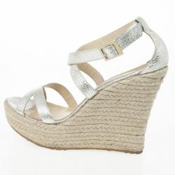 Pre Owned Jimmy Choo Silver Glitter Porto Espadrilles Wedge Sandals Size 40