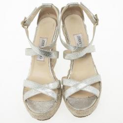 Pre Owned Jimmy Choo Silver Glitter Porto Espadrilles Wedge Sandals Size 40