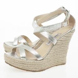 Pre Owned Jimmy Choo Silver Glitter Porto Espadrilles Wedge Sandals Size 40