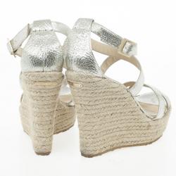 Pre Owned Jimmy Choo Silver Glitter Porto Espadrilles Wedge Sandals Size 40