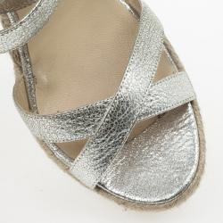 Pre Owned Jimmy Choo Silver Glitter Porto Espadrilles Wedge Sandals Size 40