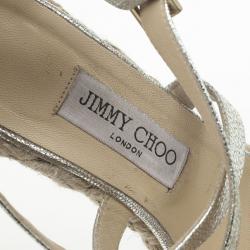 Pre Owned Jimmy Choo Silver Glitter Porto Espadrilles Wedge Sandals Size 40