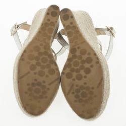 Pre Owned Jimmy Choo Silver Glitter Porto Espadrilles Wedge Sandals Size 40