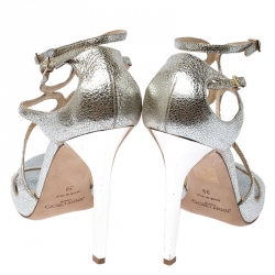 Pre Owned Jimmy Choo Silver Leather Lang Ankle Strap Sandals Size 39