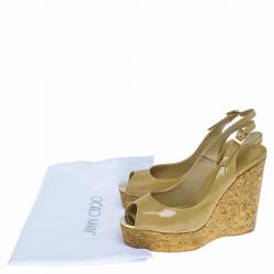 Pre Owned Jimmy Choo Beige Patent Leather Prova 120 Wedge Sandals Size 38.5