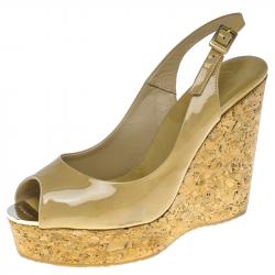 Pre Owned Jimmy Choo Beige Patent Leather Prova 120 Wedge Sandals Size 38.5