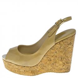 Pre Owned Jimmy Choo Beige Patent Leather Prova 120 Wedge Sandals Size 38.5